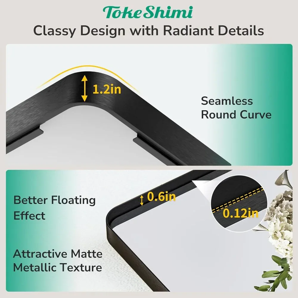 TokeShimi 36x36 Matte Black Bathroom Mirror Square Vanity Wall Mirror